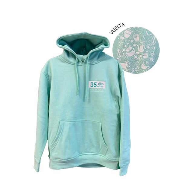 una sudadera con capucha azul claro con un logotipo