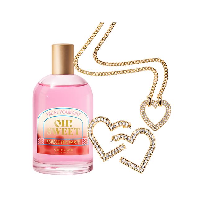 un frasco de perfume y un collar