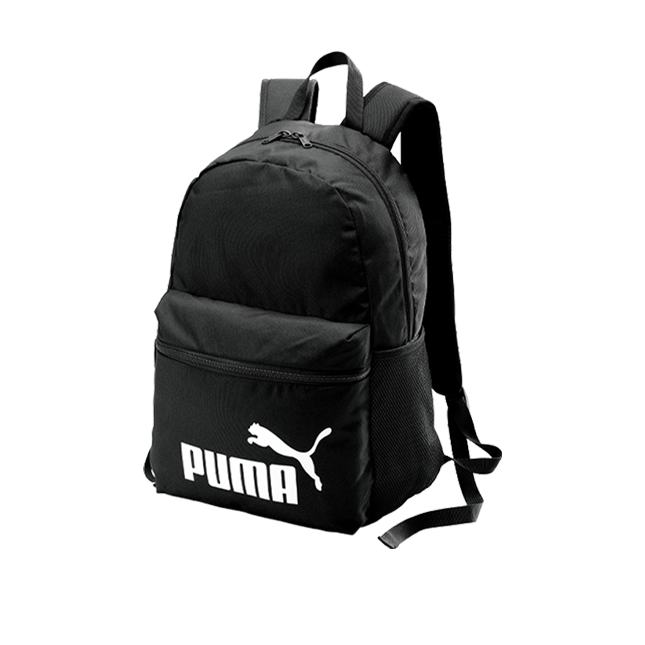 una mochila negra con un logotipo blanco