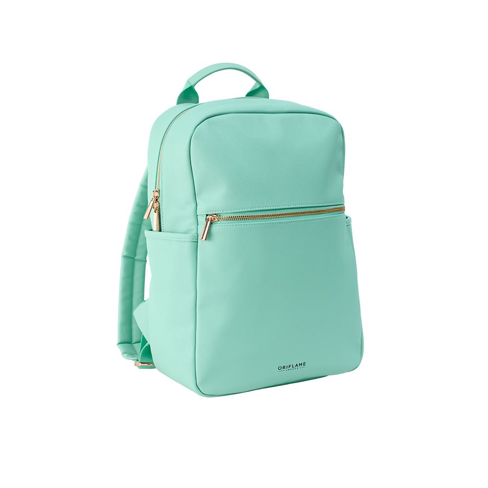 una mochila verde con cremallera dorada